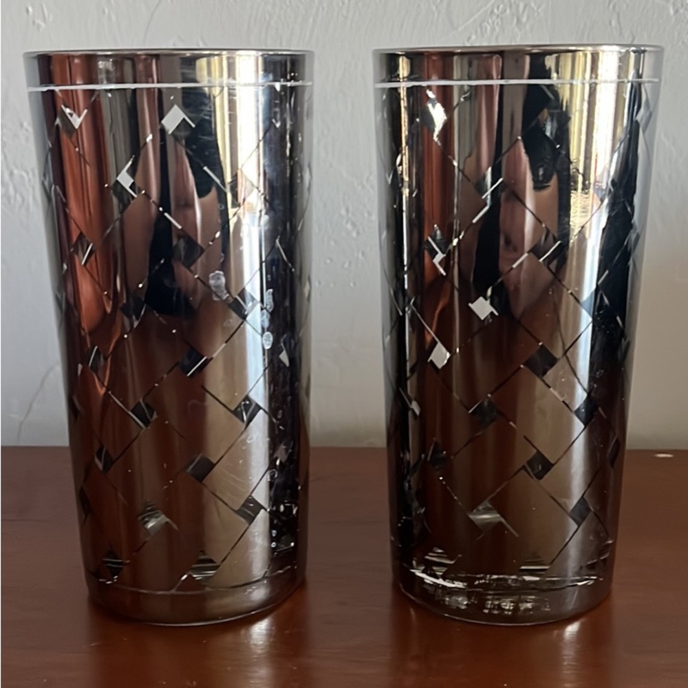 🖤Mid Century Modern MCM Silver Basketweave Patterned Drinking Glasses (x2)🖤